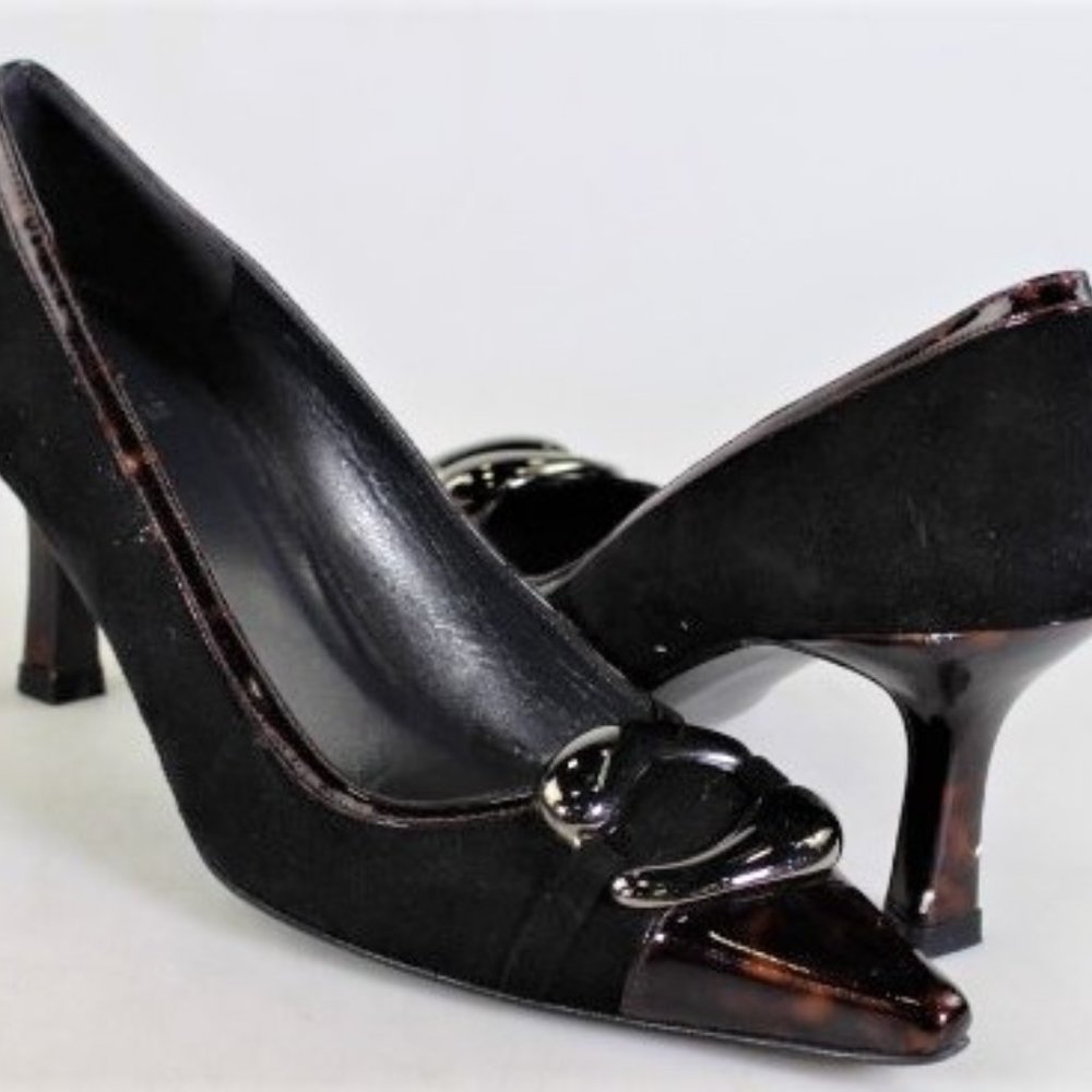 Stuart Weitzman Black and Brown Patent Trim Mid Heel Pumps